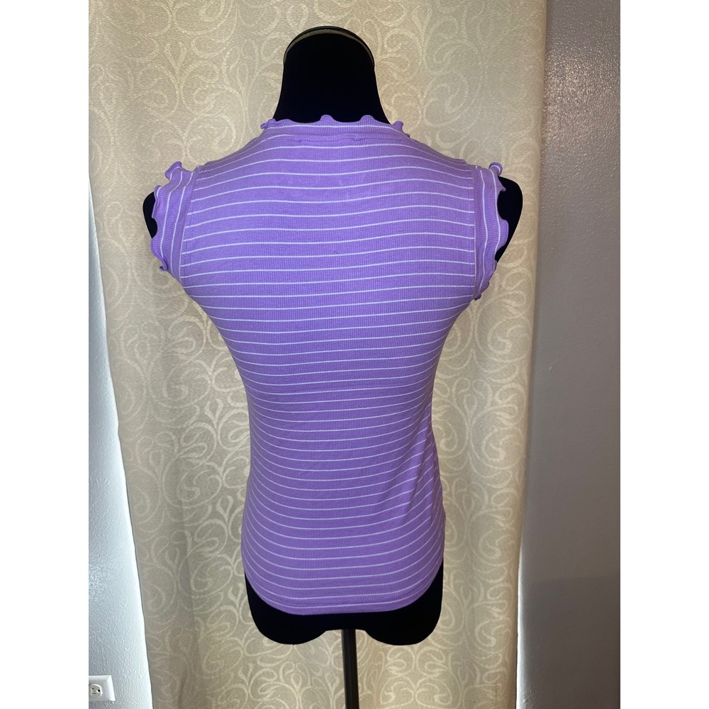 Zenana Lavender Ribbed Striped Top Size Ruffle Trim Stretch Fitted Summer Tee-L - Picture 3 of 5